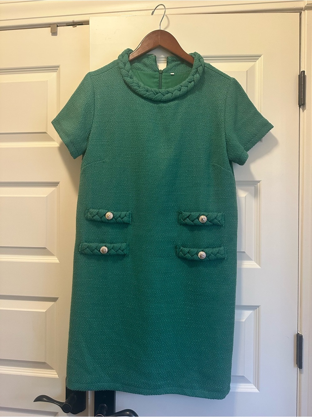 Green Short-Sleeve Tweed Shift Dress